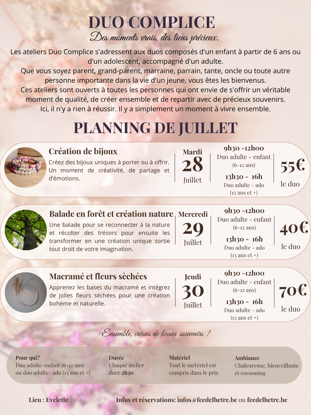 Valérie Goffaux - planning ateliers été - Juillet